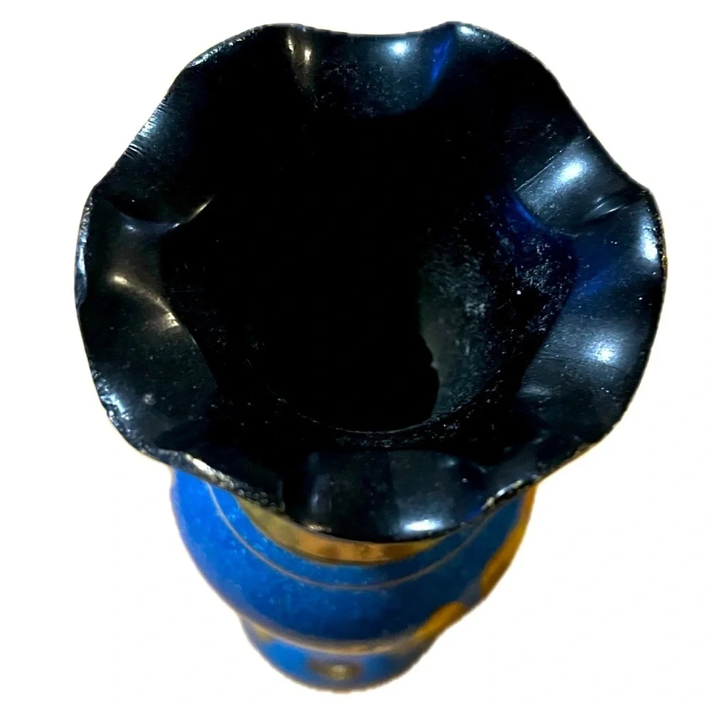 Vintage Blue Enameled Brass Bud Vase w/ etched florals and ruffled opening